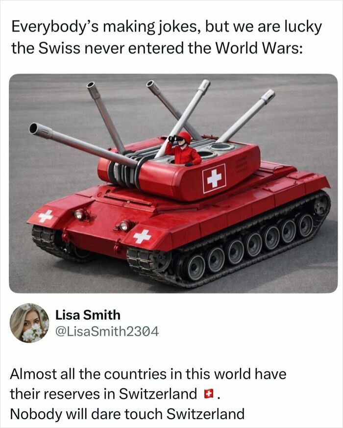 A humorous red tank with Swiss flags and cannons, illustrating the history of World Wars and Switzerland's neutrality.