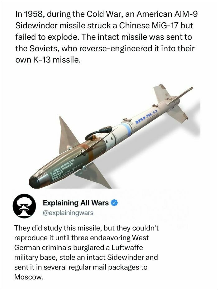 An intact American AIM-9 Sidewinder missile from 1958, reverse-engineered by Soviets, related to explaining all wars.