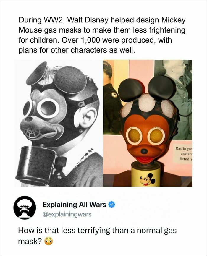 Historical image showing a Mickey Mouse gas mask designed by Walt Disney during WWII, explaining wars and history.