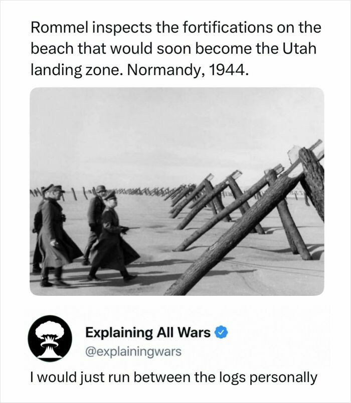 Historical black and white photo of Rommel inspecting fortifications on the beach near the Utah landing zone, 1944, related to past wars.