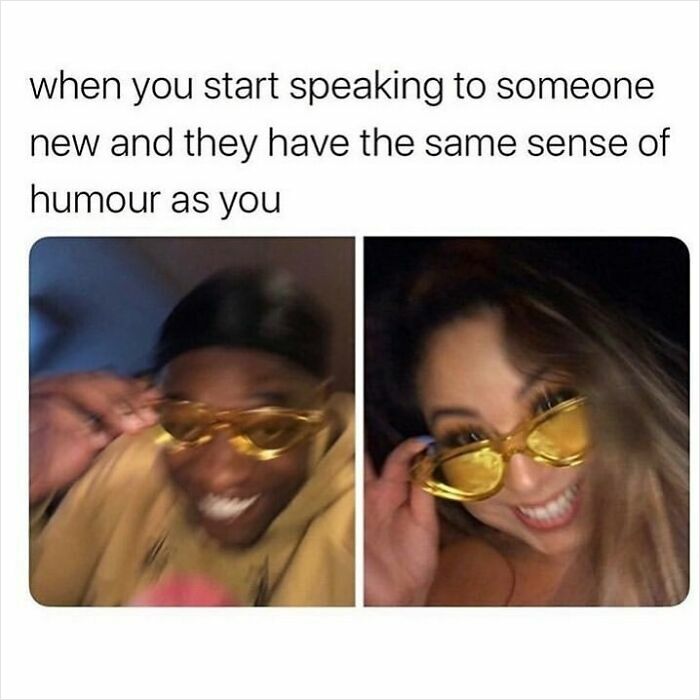 People excitedly bonding over shared sense of humor meme