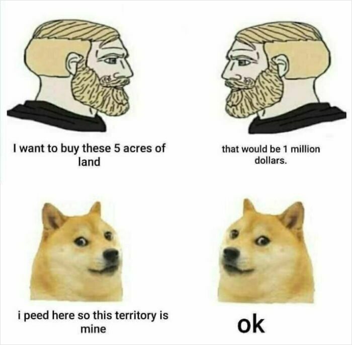 A meme showing two chad figures negotiating land, then two doge dogs claiming territory by peeing. Miscellaneous posts to entertain.