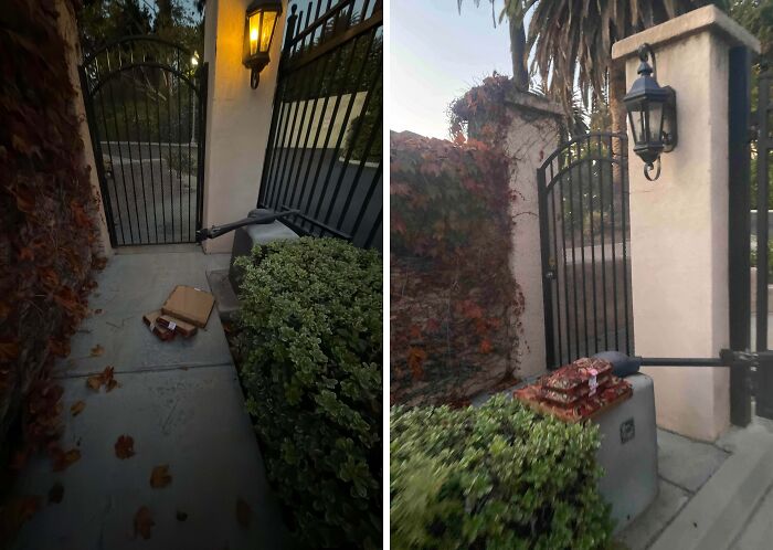 Two images show a cardboard box from a food delivery left outside a tall, closed black metal gate, a food delivery fail.
