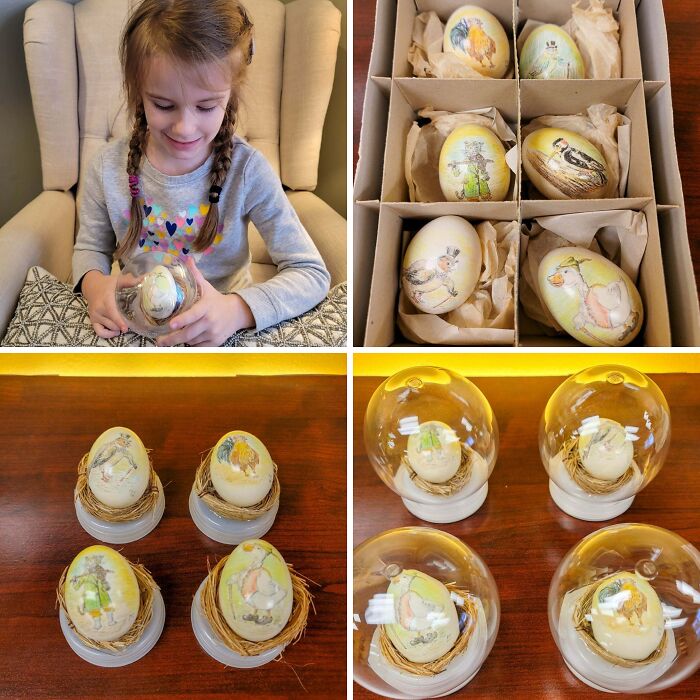 A young girl admiring an intricately painted egg, celebrating amazing fathers and the kind of parents the world needs.