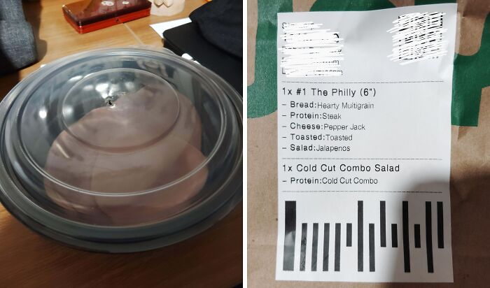 Left: A food container with very little food. Right: Food delivery receipt for The Philly (6") and a Cold Cut Combo Salad, indicating a food delivery fail.
