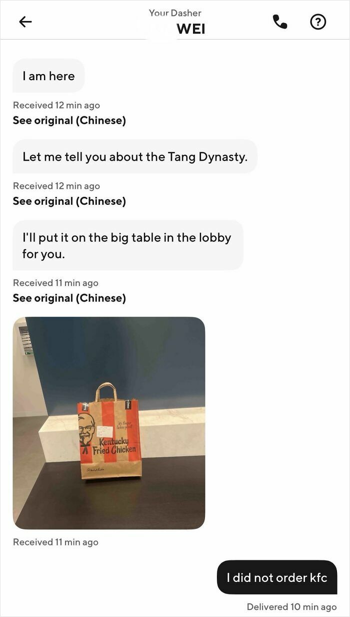 Screenshot of DoorDash conversation where KFC was delivered instead of the correct food, a food delivery fail.