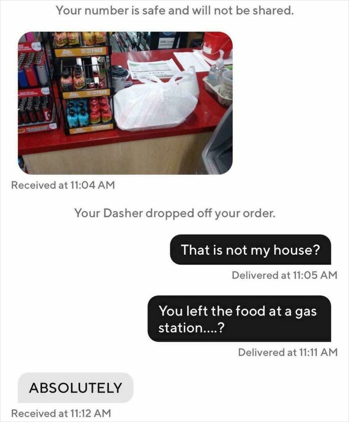 Screenshot of DoorDash conversation where food delivery was left at a gas station, a funny delivery fail.
