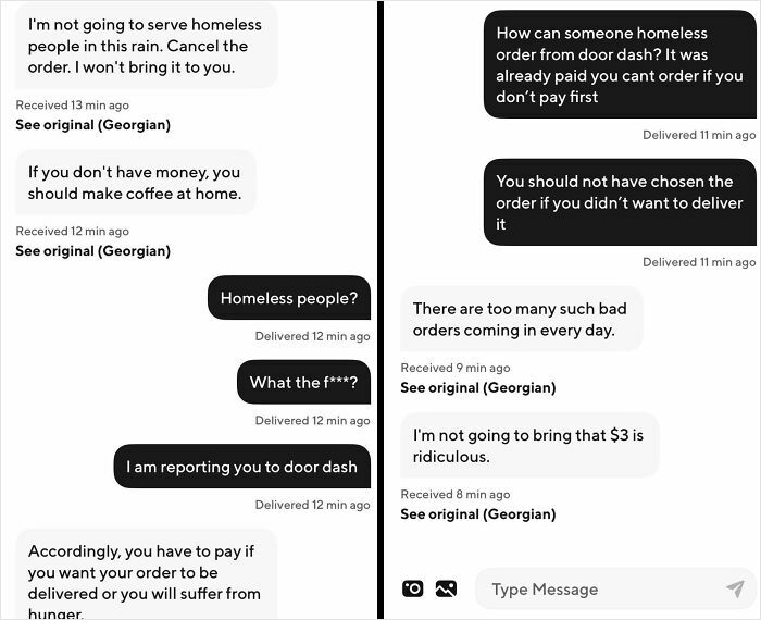 A series of text messages between a customer and a food delivery driver refusing service to a homeless person, showing a food delivery fail.