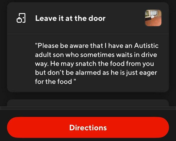 A screenshot of special instructions for food delivery, highlighting a potential funny or infuriating situation.