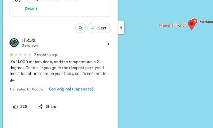 A funny online review about the Mariana Trench, warning people not to go due to its depth and pressure.
