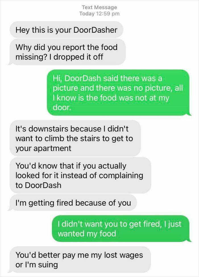 A text message exchange revealing a food delivery fail, a funny or infuriating experience.