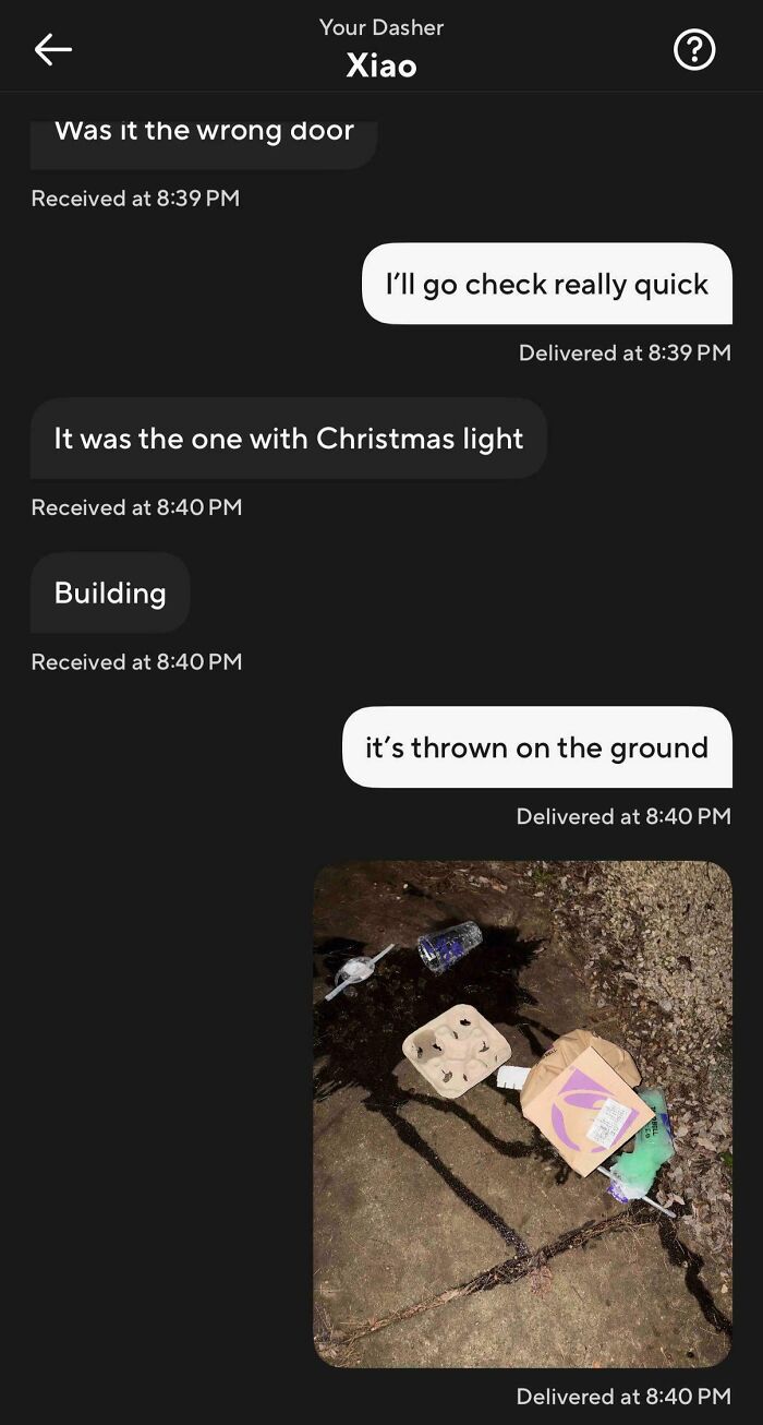 A screenshot showing a food delivery fail where the food is thrown on the ground, a funny or infuriating incident.
