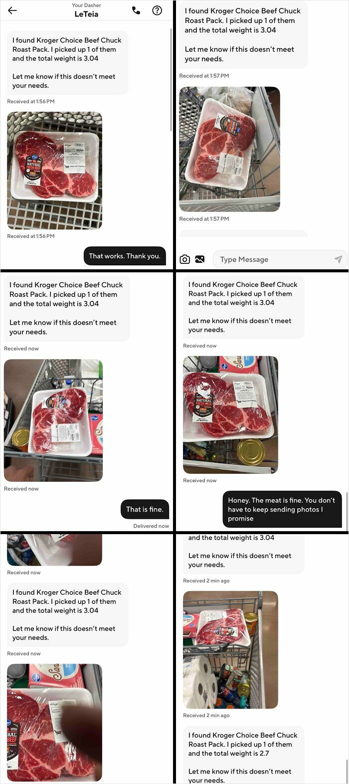 A collage of text messages and images showing various beef chuck roast packs, a funny example of food delivery over-communication.