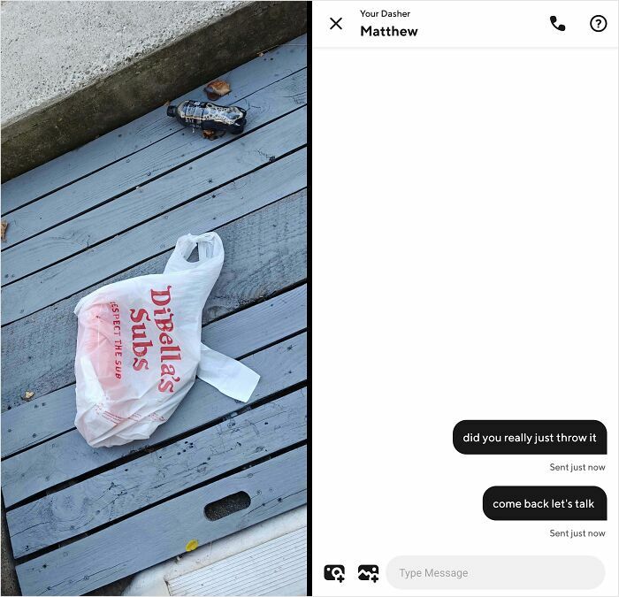 A plastic bag from Dibella's Subs thrown onto a porch, illustrating a food delivery fail with a text overlay.
