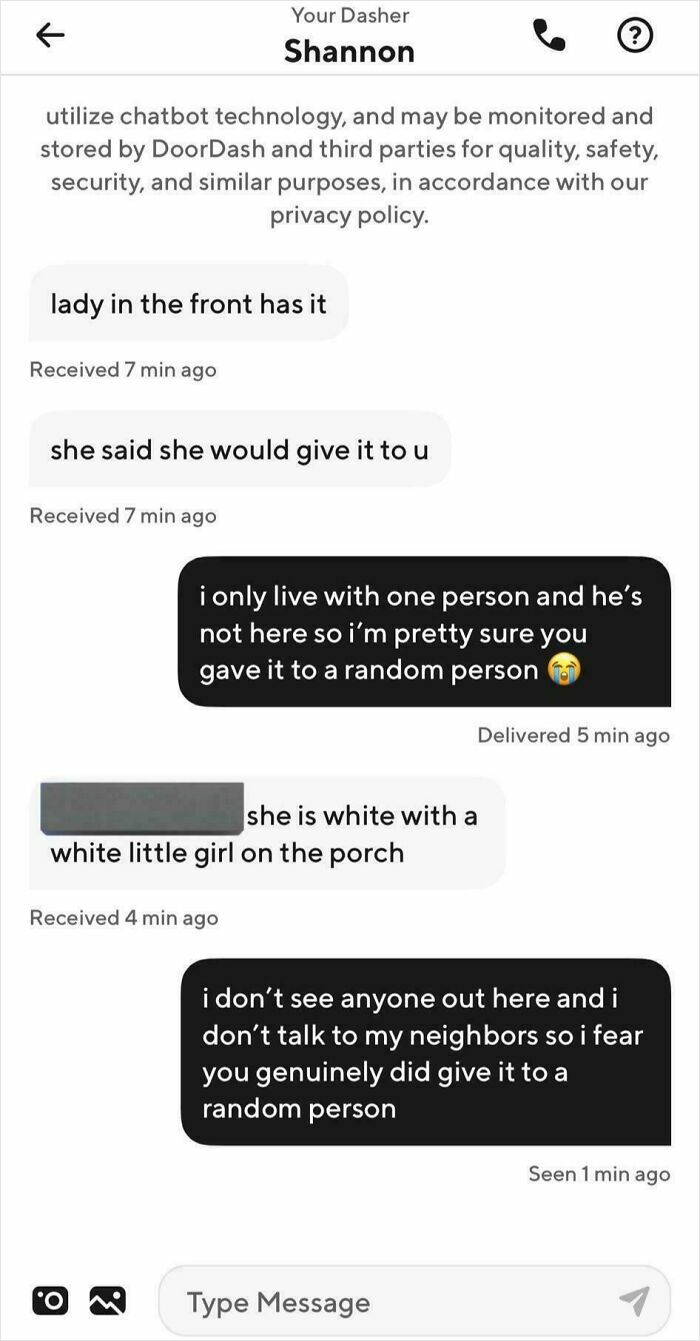 A screenshot of a text message exchange highlighting a hilarious food delivery fail where the order was given to a random person.