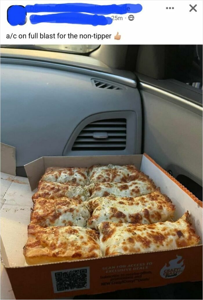 A box of cheesy bread left in a car with the AC on full blast, one of many food delivery fails.