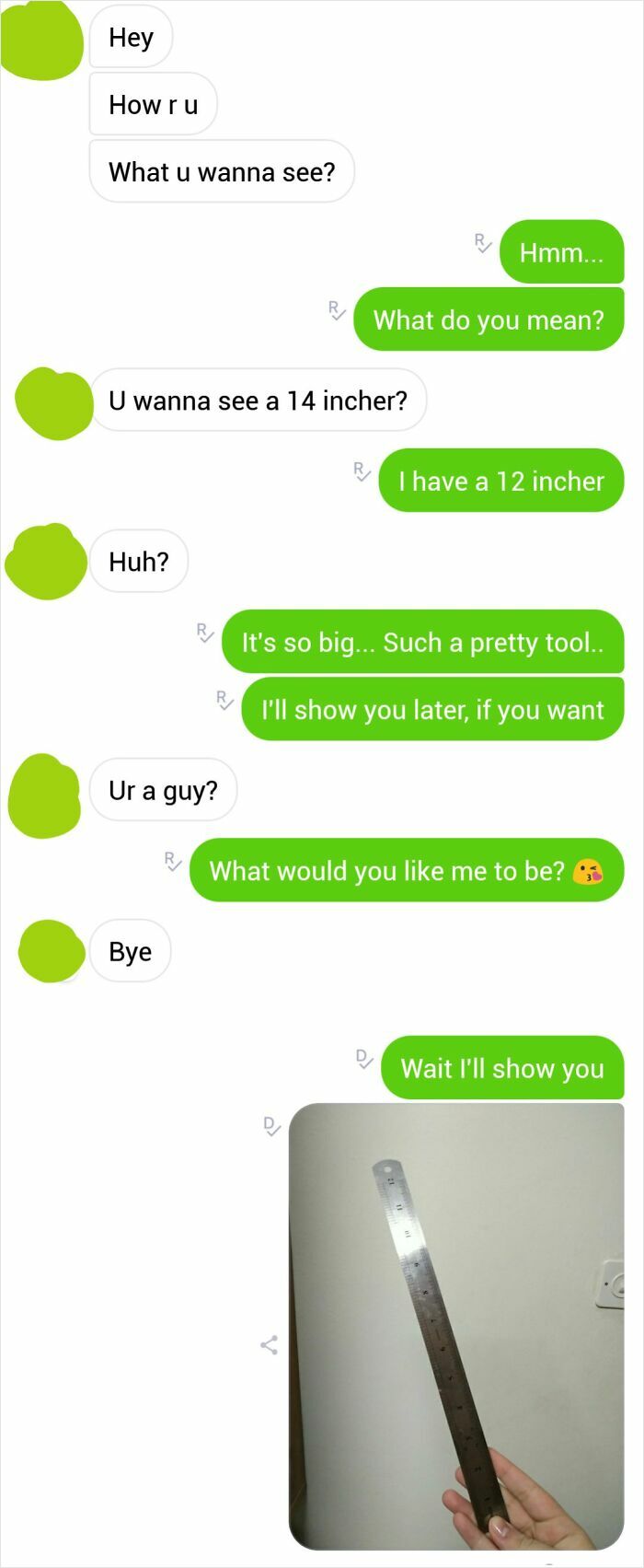 A person sends a picture of a ruler as an epic comeback to a suggestive text about size.