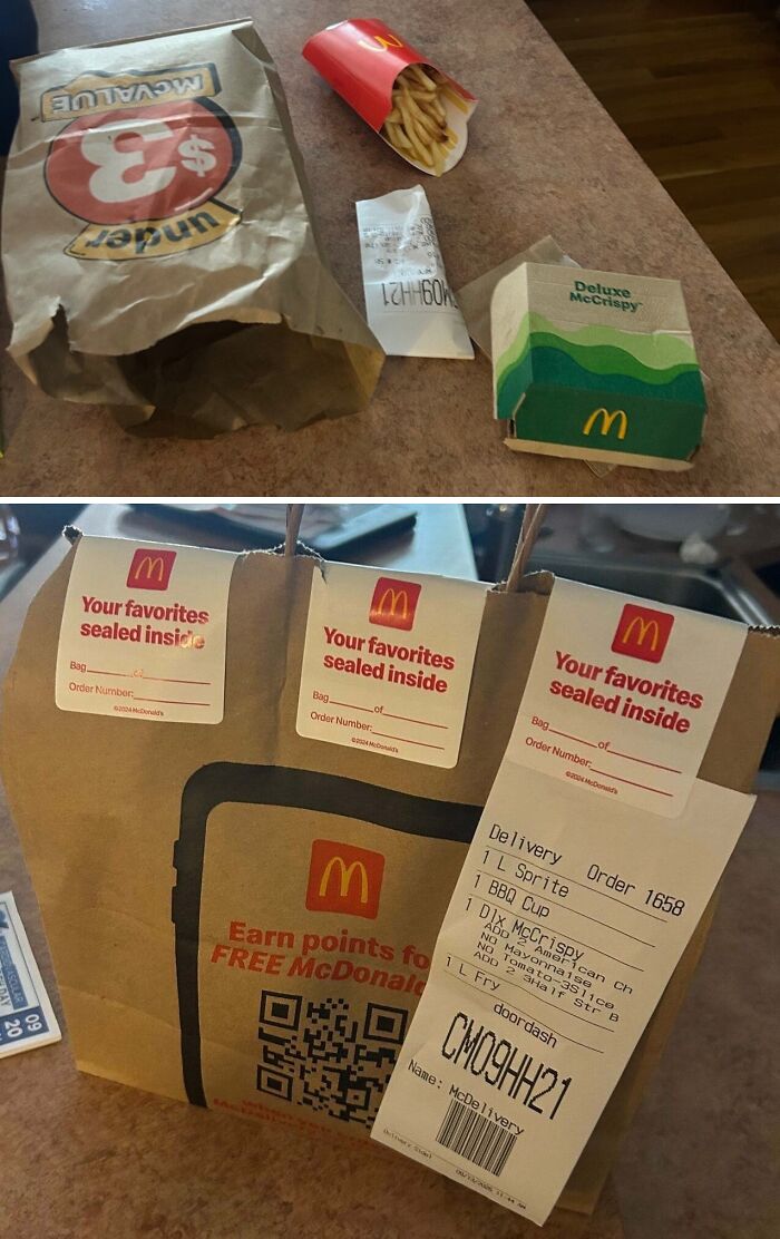 Two images of McDonald's orders, one showing a food delivery fail with incorrect items.