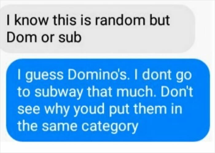 A text message exchange features an epic comeback about fast-food chains instead of dominance.