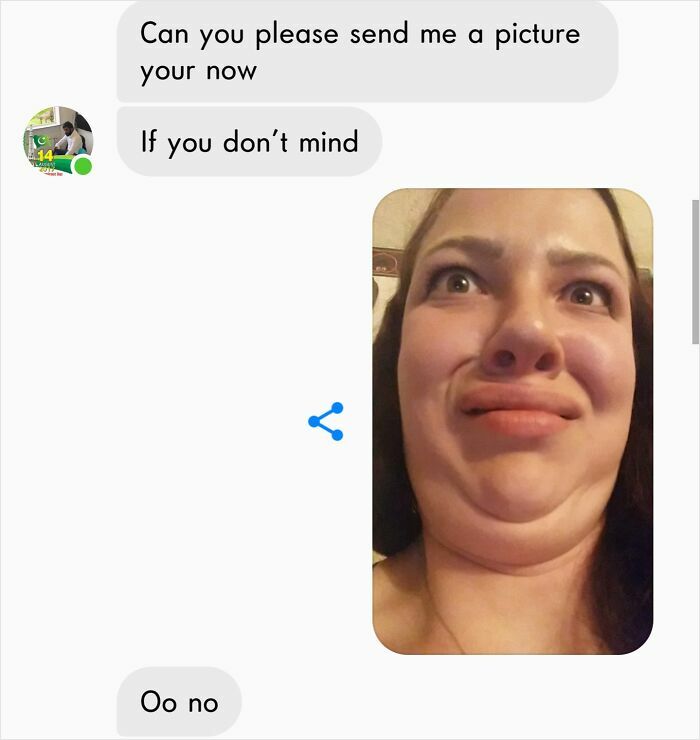 A woman makes an unflattering face in response to a request for a picture, showcasing epic comebacks.