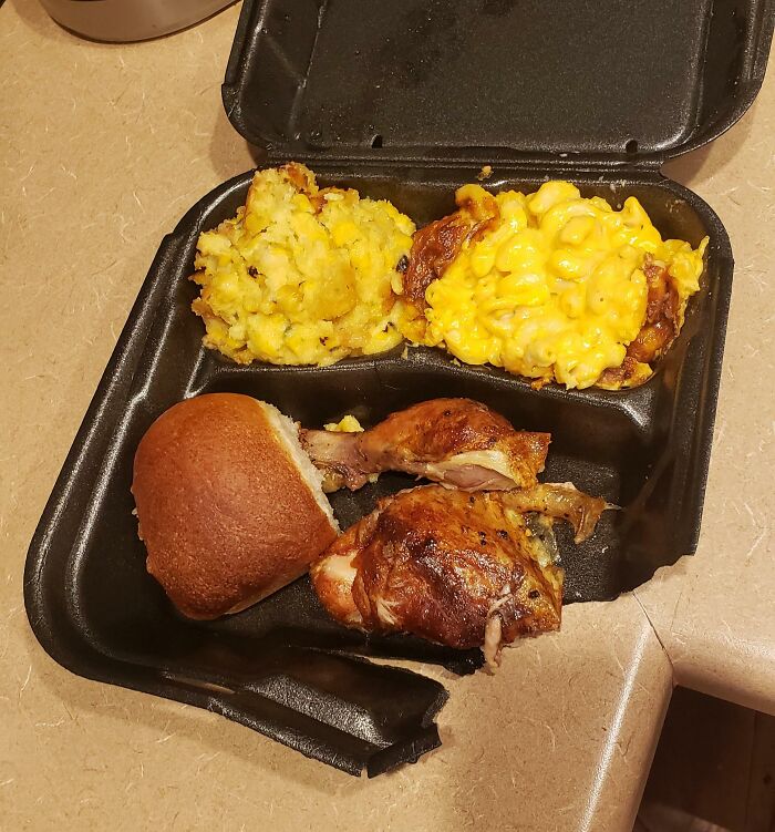 A food delivery fail with a meal in a to-go container with barely any food, showing poor service.