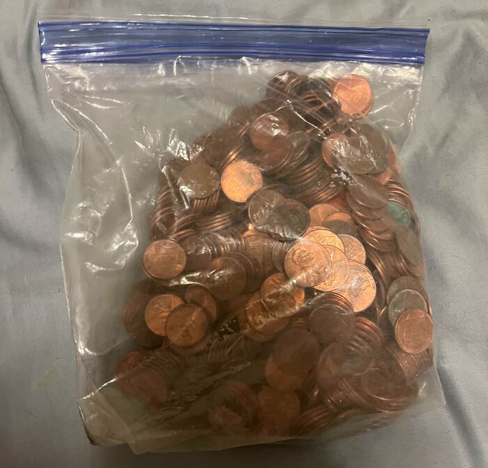 A plastic bag full of pennies, an example of a food delivery fail involving payment.