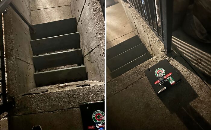 Pizza box left on concrete stairs, demonstrating a food delivery fail.