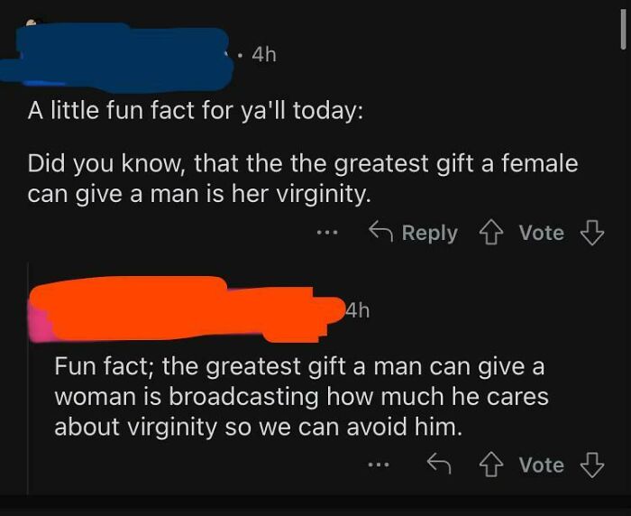 A screenshot highlighting an epic comeback from women, where a woman brilliantly reframes a man's outdated view on virginity.