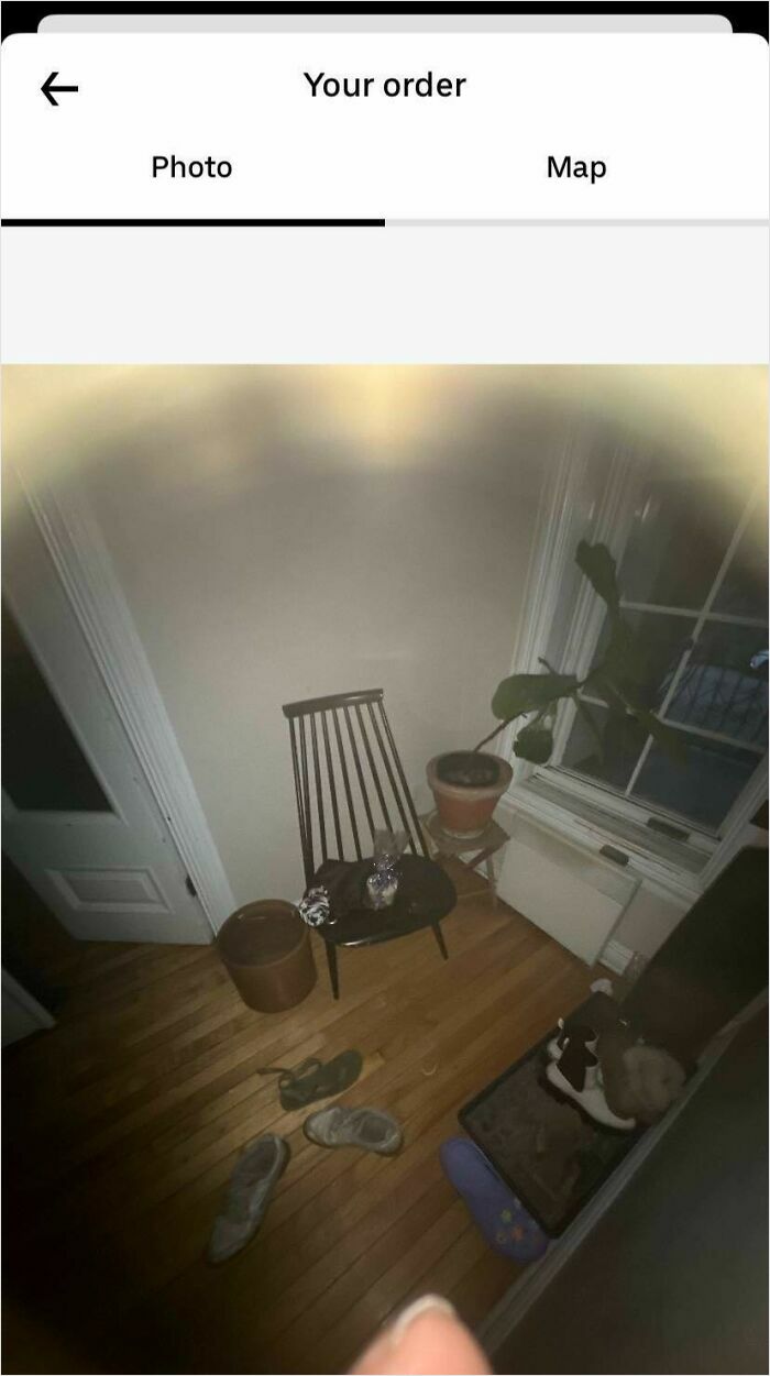 A dark room with a chair, plant, and shoes on the floor, suggesting a funny food delivery mix-up.
