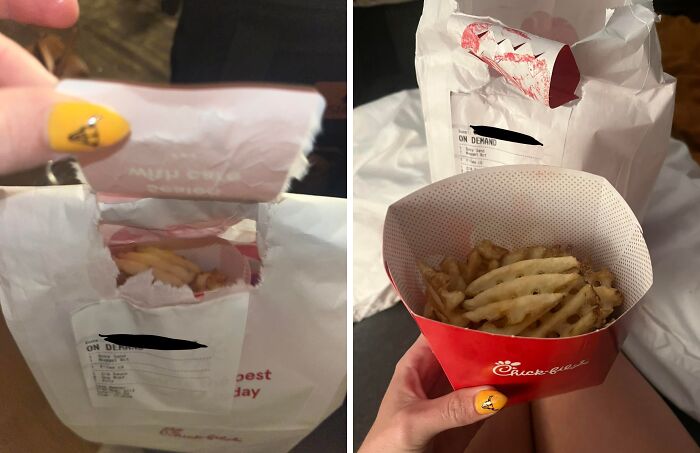 A ripped food bag next to a container of fries, showing a funny food delivery fail.