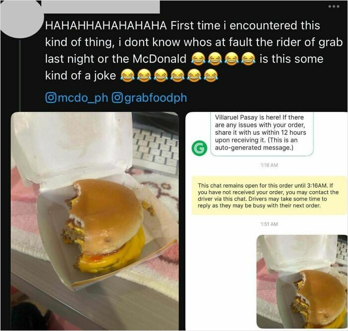 A screenshot showing a half-eaten burger, a food delivery fail, with a message about an order issue.