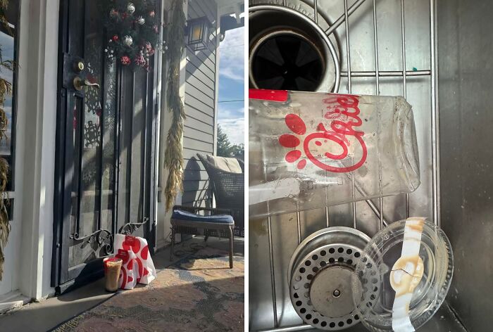 A split image showing a Chick-fil-A bag on a doorstep and dirty fast food containers in a sink, highlighting food delivery fails.