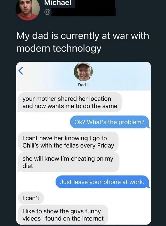 Amazing fathers: A humorous text conversation where a dad explains his struggle with modern technology and his wife's location sharing, depicting funny parents.
