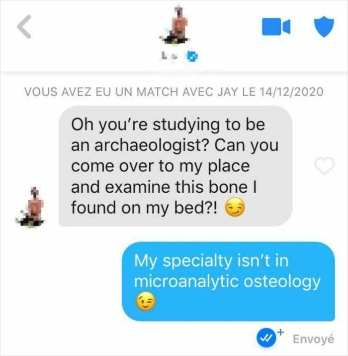 A screenshot showing an epic comeback from women, where a woman cleverly rejects a man's inappropriate request about a bone.