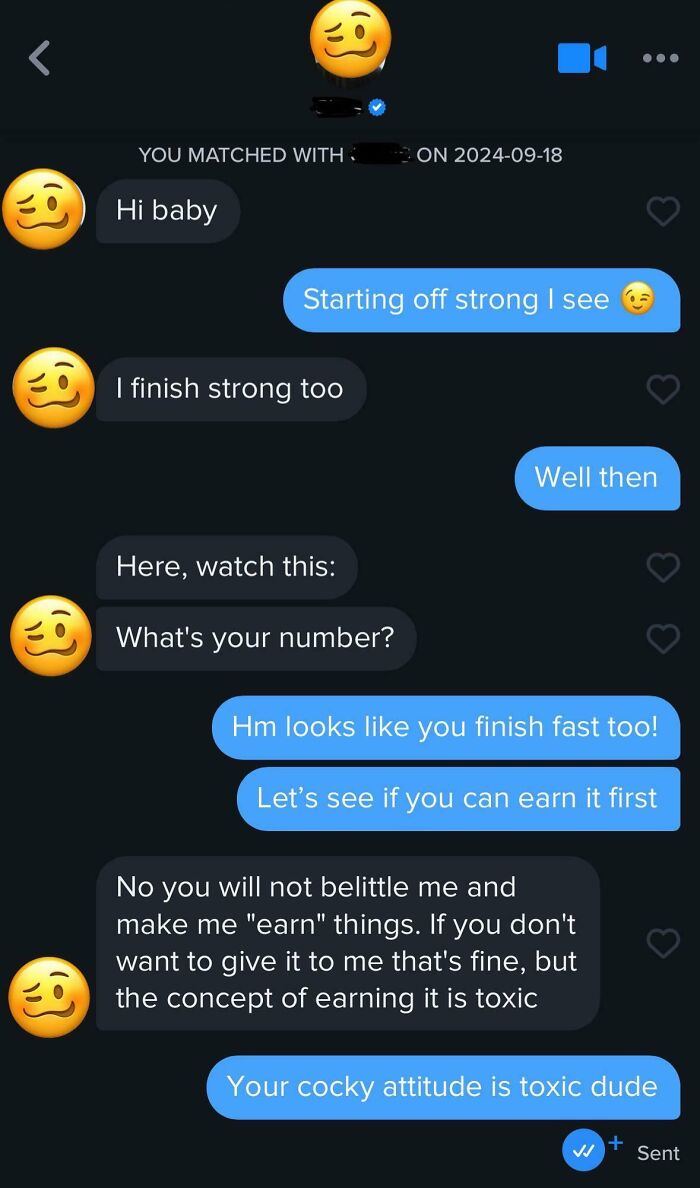 A woman gives an epic comeback to a man on a dating app, calling his cocky attitude toxic.