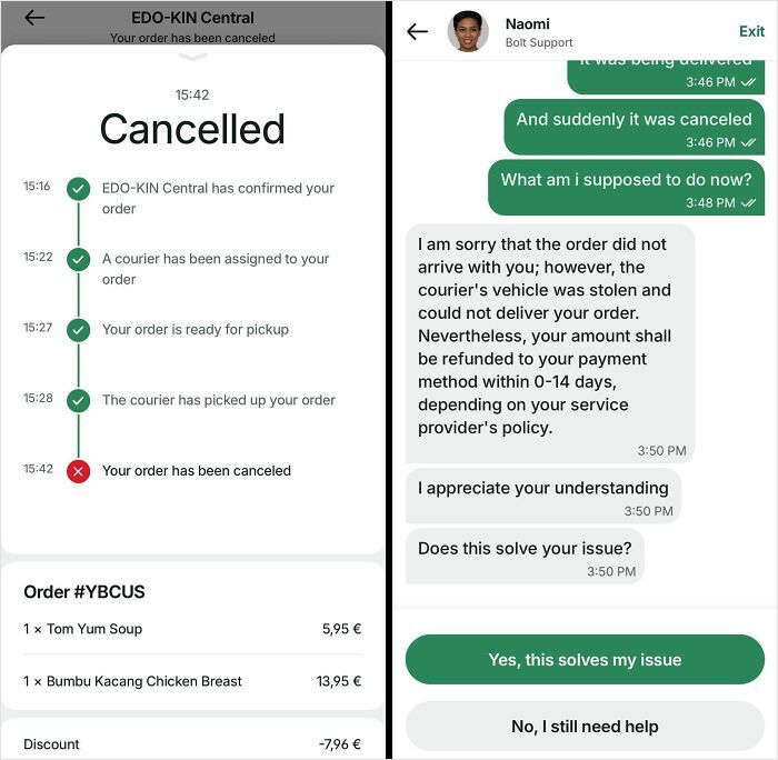 A cancelled food delivery order with a message explaining the courier's vehicle was stolen, a serious food delivery fail.