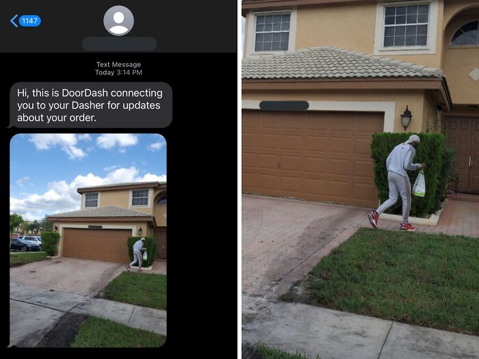 A DoorDash driver walks away from a house with food, captured in a text message, showcasing a food delivery fail.