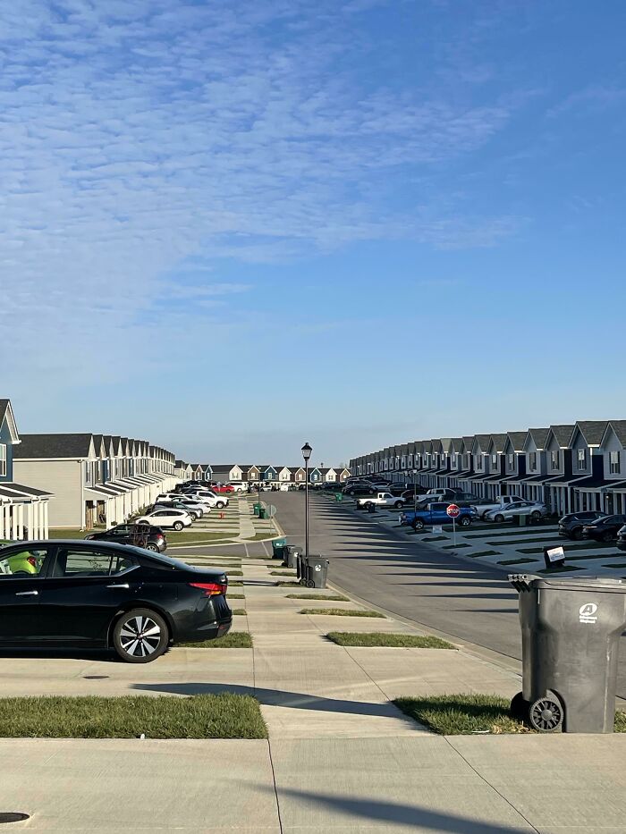 A quiet suburban street with rows of identical houses, cars parked, evoking a deeply unsettling liminal space.