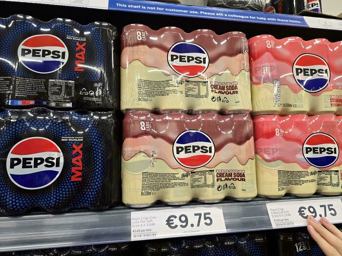 A Funny 'You Had One Job' Fail: Pepsi Max and Cream Soda Flavor cans on a shelf, showcasing a funny fail.
