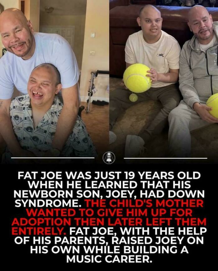 Uplifting posts: Fat Joe poses with his son Joey, who has Down syndrome, highlighting his journey as a father.