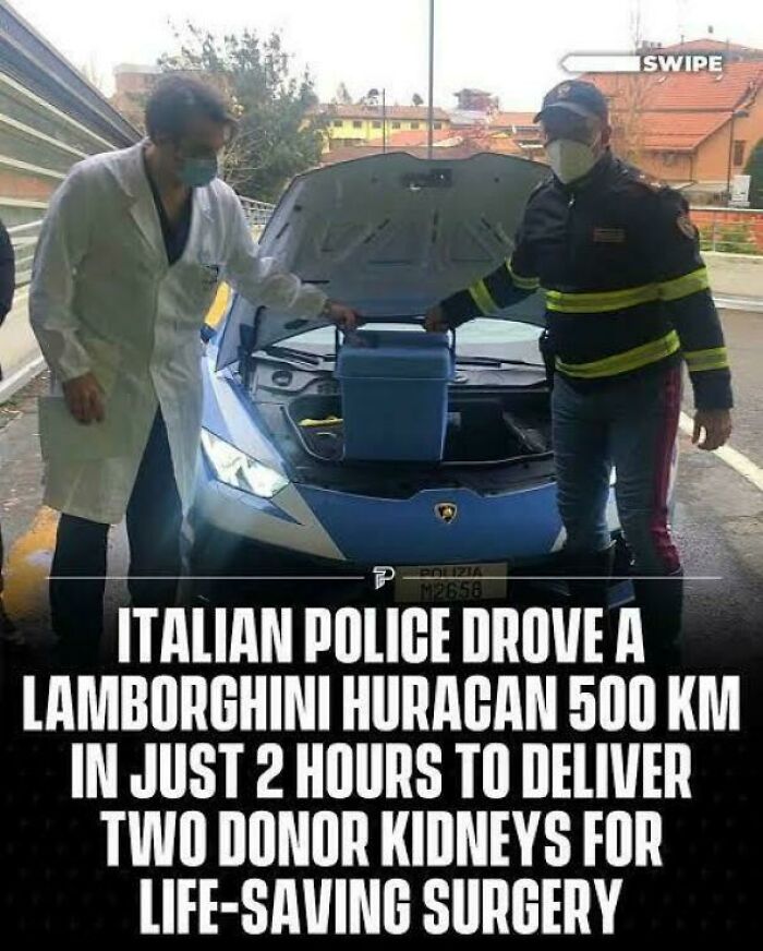 Uplifting posts: Italian police deliver donor kidneys in a Lamborghini Huracan for life-saving surgery.