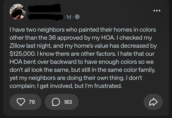 Hilarious neighborhood online community screenshot about frustrating HOA rules and home value decreasing because of house colors.