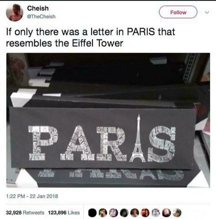 Funny fails: A design for a Paris souvenir with the Eiffel Tower replacing the wrong letter in PARIS.
