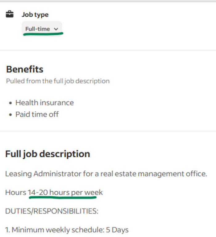 A job posting specifying full-time job type but listing 14-20 hours per week, showcasing misleading work posts.