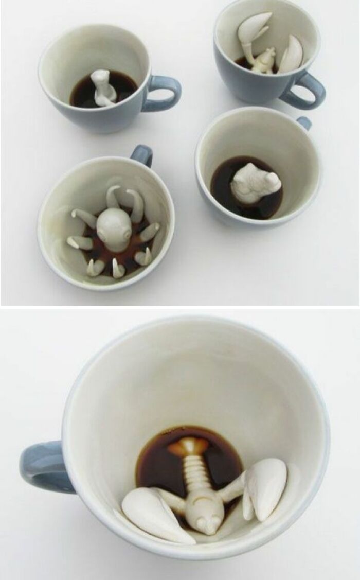 Creative coffee mugs with sculpted crab, octopus, and claw figures inside