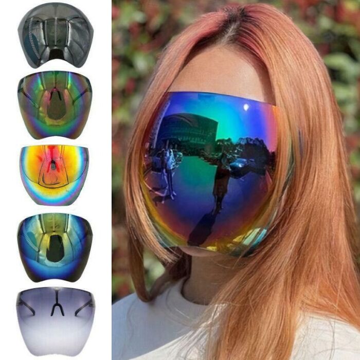 Full face shield mask with reflective multicolor visor and various colors displayed