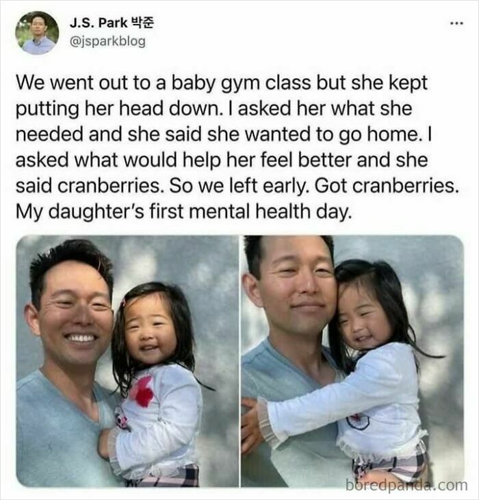 Father comforts daughter during her first mental health day with cranberries