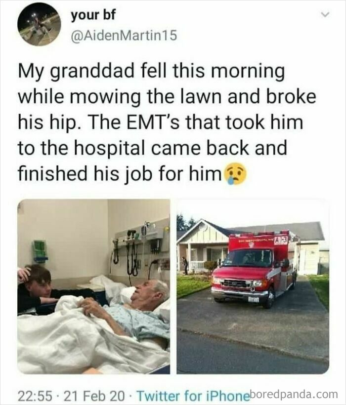 EMTs finish mowing lawn after granddad's fall on Wholesome Internet page