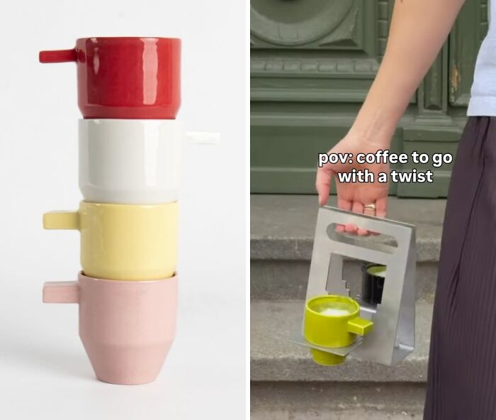 Stacked colorful coffee cups with innovative to-go coffee cup holder design