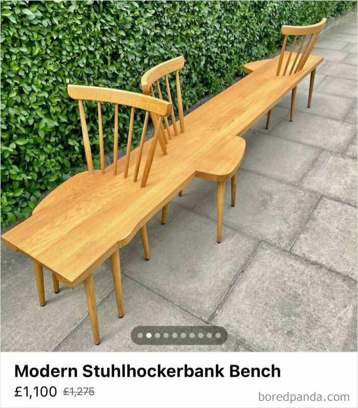 Modern wooden bench combining chair backs and seats into a single design